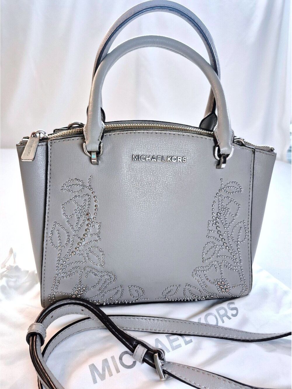 Michael Kors Ellis Grey Leather Satchel Crossbody Purse Jeweled Embellished